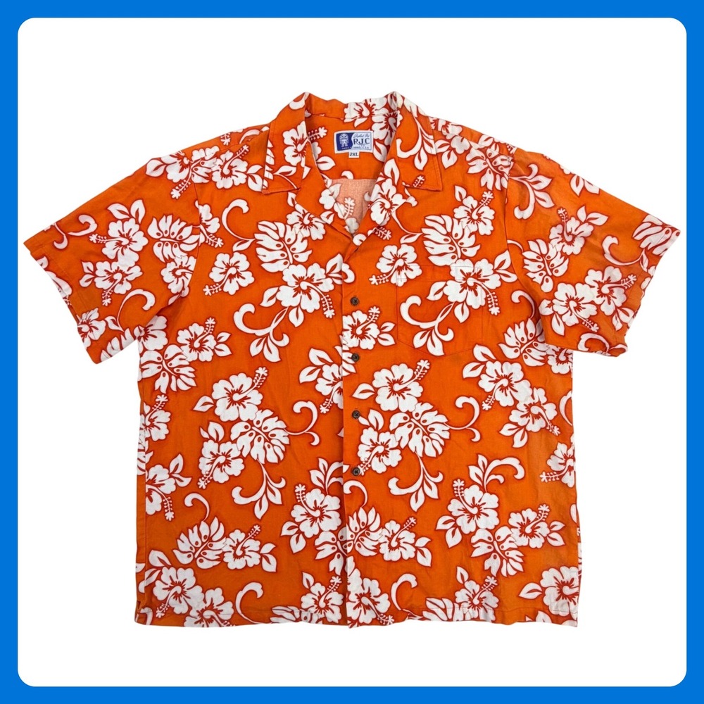 Vintage RJC Hawaiian Shirt Men 2XL Orange Aloha Floral Hibiscus Made in USA